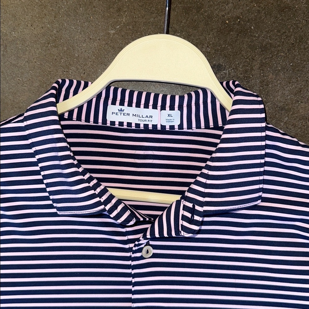 Peter Millar Tour Fit Golf Polo Shirt Men Size XL Blue and Pink Striped USED